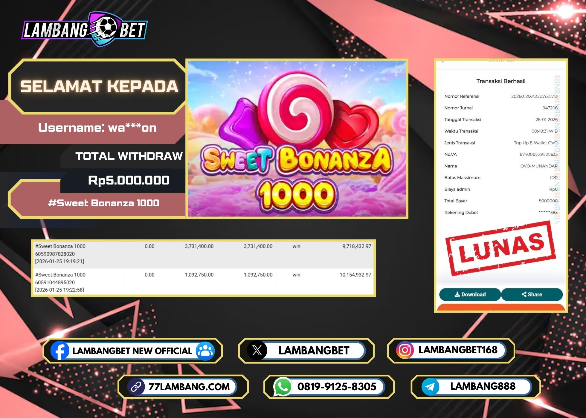 LAMBANGBET [26 JANUARI 2025] JACKPOT SLOT Sweet Bonanza 1000 "Rp5.000.000" LUNAS